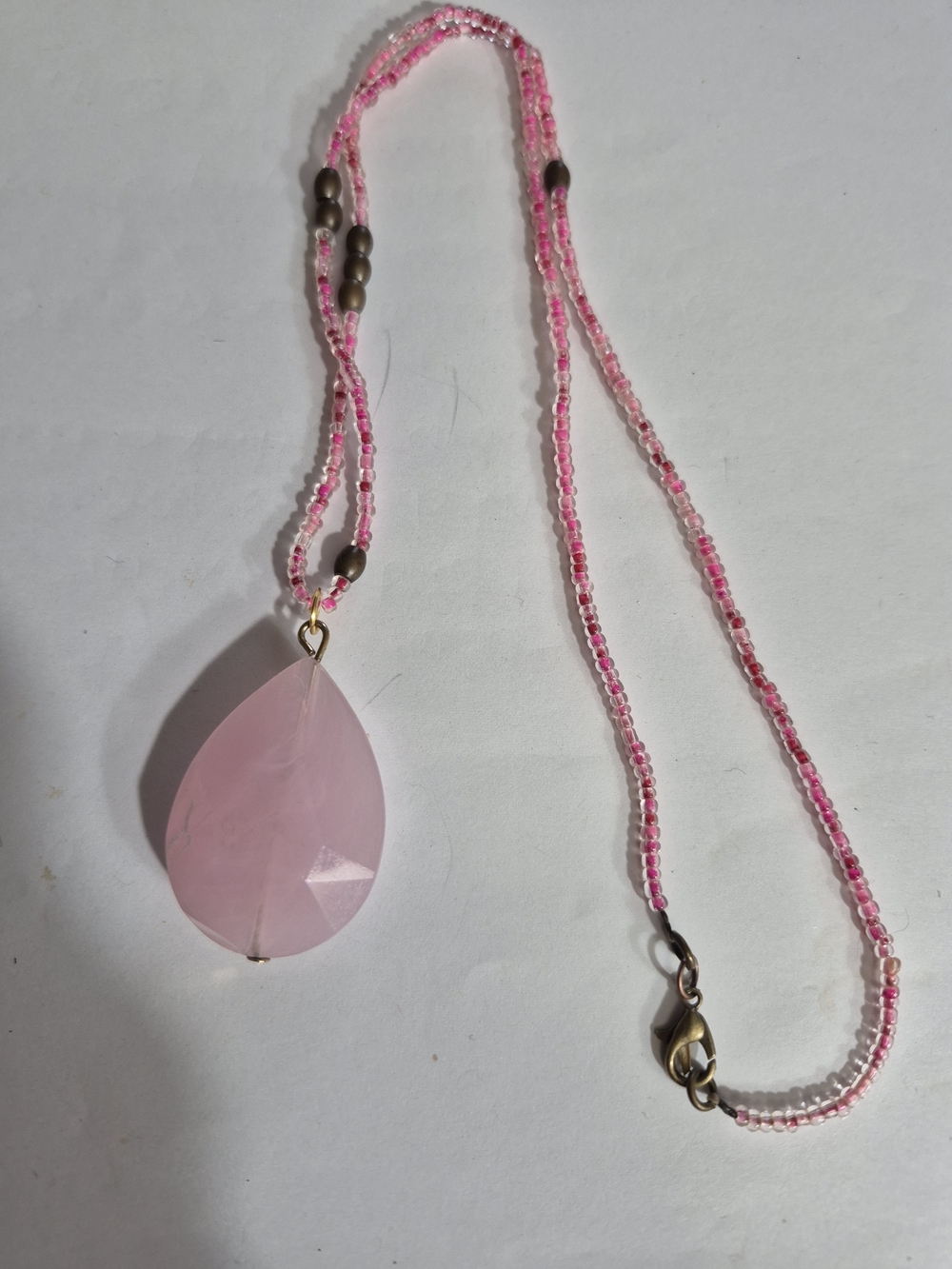 Pink Teardrop Beaded Necklace with Rose Quartz Look Pendant
